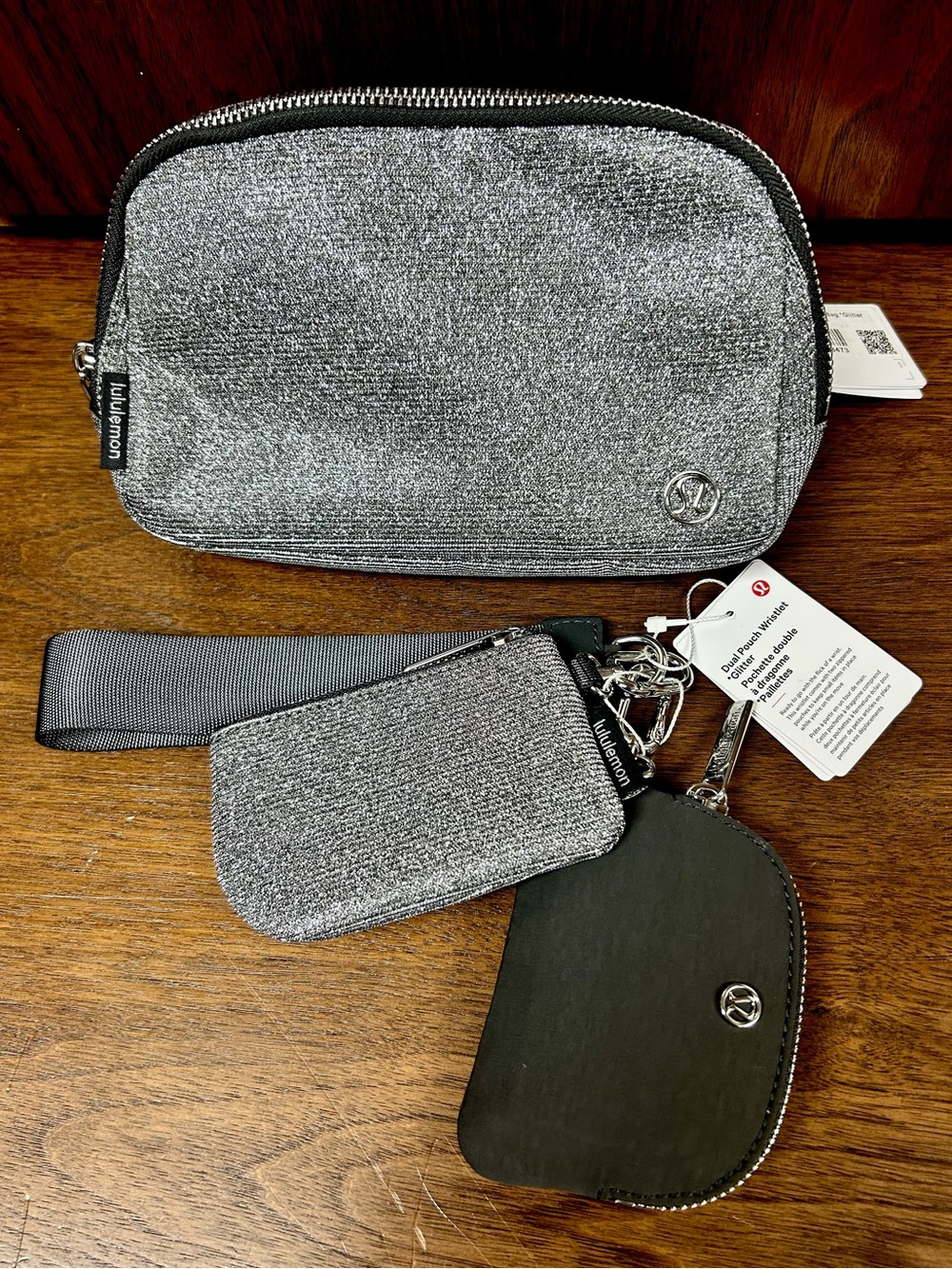 Lululemon Metallic Gray Glitter Belt Bag & Dual Wristlet Set